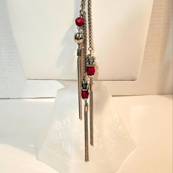 Vintage 80s Jules Long Necklace Lariet Style Red Beads & Smokey Quartz Crystals - Picture 3 of 16